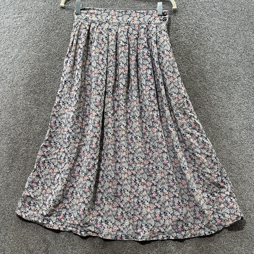 A.K.F. New York Vintage 90s Floral Pleated Midi Skirt Blue Pink Rayon‎ Size 8